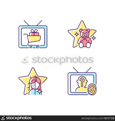 Television RGB color icons set. Shopping show. Children animation, kids cartoon. Beauty transformation. Crime investigation. Isolated vector illustrations. Simple filled line drawings collection. Television RGB color icons set
