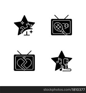 Television series genres black glyph icons set on white space. Pet training. Sports program, tennis broadcast. Soap opera. Open mic show. Silhouette symbols. Vector isolated illustration. Television series genres black glyph icons set on white space