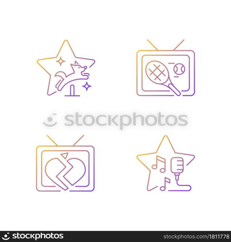 Television series genres gradient linear vector icons set. Pet training. Sports program, tennis broadcast. Open mic show. Thin line contour symbols bundle. Isolated outline illustrations collection. Television series genres gradient linear vector icons set