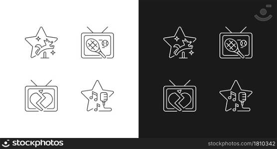 Television series genres linear icons set for dark and light mode. Pet training. Sport program, tennis broadcast. Customizable thin line symbols. Isolated vector outline illustrations. Editable stroke. Television series genres linear icons set for dark and light mode