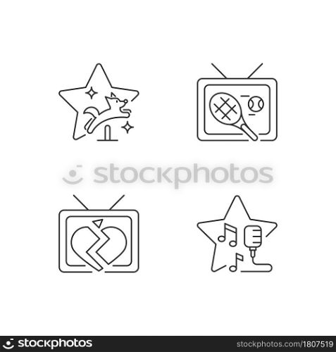 Television series genres linear icons set. Pet training. Sports program, tennis broadcast. Soap opera. Customizable thin line symbols. Isolated vector outline illustrations. Editable stroke. Television series genres linear icons set