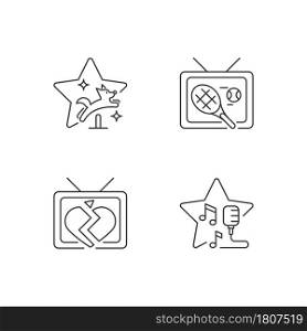 Television series genres linear icons set. Pet training. Sports program, tennis broadcast. Soap opera. Customizable thin line symbols. Isolated vector outline illustrations. Editable stroke. Television series genres linear icons set