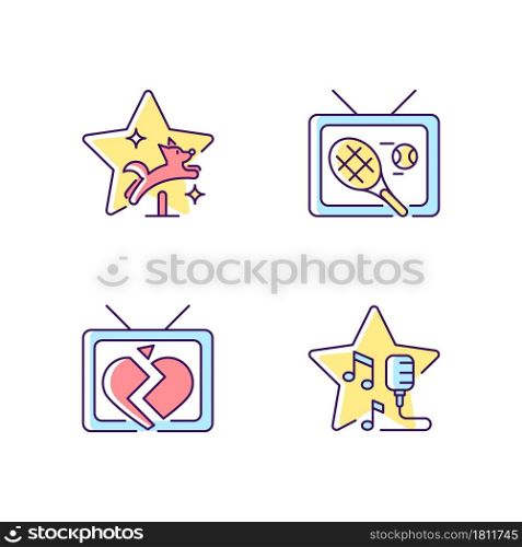 Television series genres RGB color icons set. Pet training. Sports program, tennis broadcast. Soap opera. Open mic show. Isolated vector illustrations. Simple filled line drawings collection. Television series genres RGB color icons set