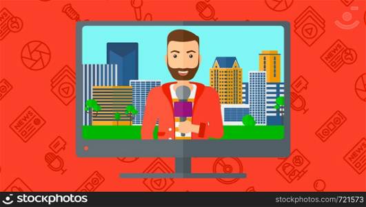 Television set broadcasting the news with a hipster reporter with the beard vector flat design illustration isolated on red background with media icons. Horizontal layout.. Television set broadcasting interview.