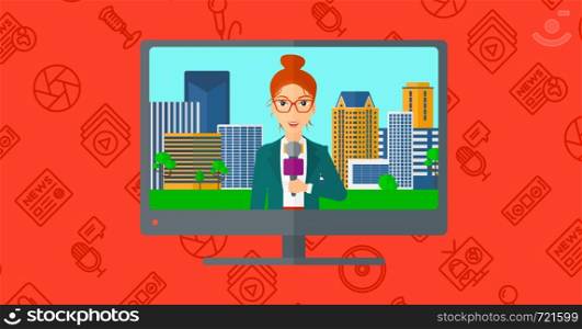 Television set broadcasting the news with a reporter vector flat design illustration isolated on red background with media icons. Horizontal layout.. Television set broadcasting interview.