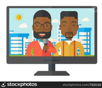 Television set broadcasting the news with an african-american reporter interviewing a man vector flat design illustration isolated on white background. Horizontal layout.. Broadcast interview.