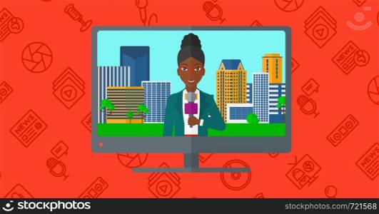Television set broadcasting the news with an african-american reporter vector flat design illustration isolated on red background with media icons. Horizontal layout.. Television set broadcasting interview.