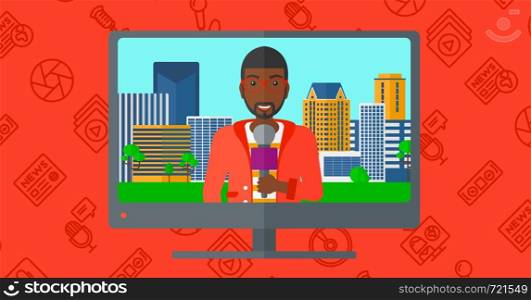 Television set broadcasting the news with an african-american reporter with the beard vector flat design illustration isolated on red background with media icons. Horizontal layout.. Television set broadcasting interview.