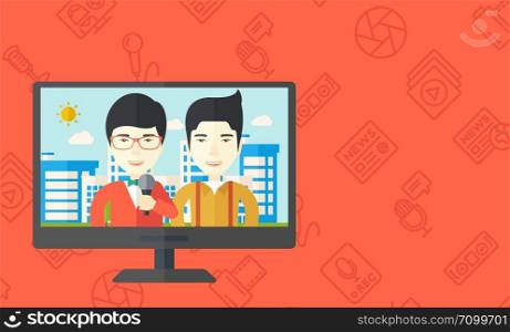 Television set broadcasting the news with an asian reporter interviewing a man vector flat design illustration. Horizontal layout with a text space.. Broadcast interview.