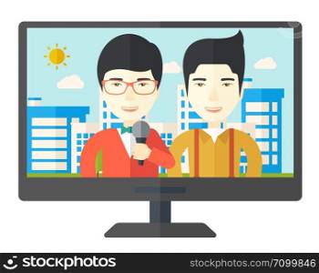 Television set broadcasting the news with an asian reporter interviewing a man vector flat design illustration isolated on white background. Horizontal layout.. Broadcast interview.