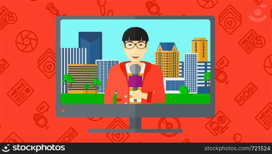 Television set broadcasting the news with an asian reporter vector flat design illustration isolated on red background with media icons. Horizontal layout.. Television set broadcasting interview.