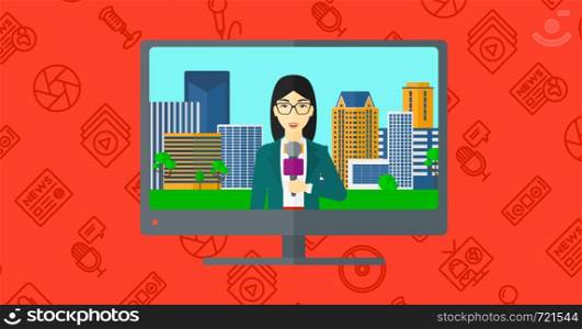 Television set broadcasting the news with an asian reporter vector flat design illustration isolated on red background with media icons. Horizontal layout.. Television set broadcasting interview.
