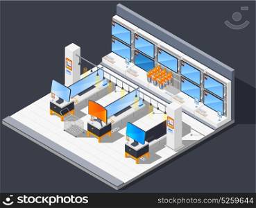 Television Set Store Composition. Electronics supermarket isometric composition with electrical shop room with widescreen tv monitors and equipment for sale vector illustration