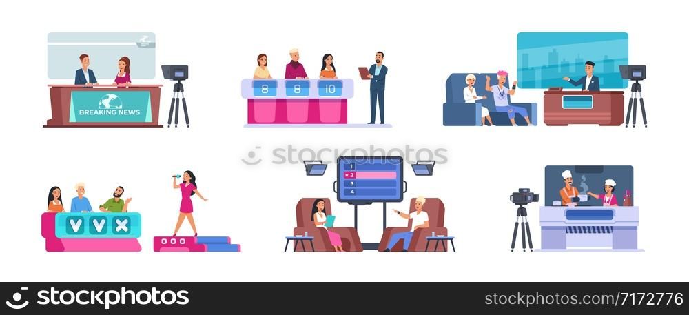 Television show. Cartoon entertainment TV with news, talent singer with jury, music, cooking, evening show and quiz. Vector set flat images scene with participate entertainment people. Television show. Cartoon entertainment TV with news, talent singer with jury, cooking, evening show and quiz. Vector set