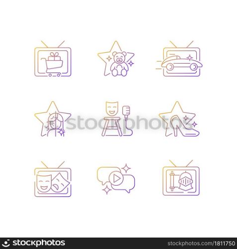 Television show gradient linear vector icons set. Shopping series. Children cartoon. Car racing. Beauty makeover. Stand up. Thin line contour symbols bundle. Isolated outline illustrations collection. Television show gradient linear vector icons set