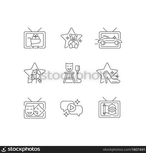 Television show linear icons set. Shopping series. Children cartoon. Car racing. Beauty makeover. Stand up. Customizable thin line symbols. Isolated vector outline illustrations. Editable stroke. Television show linear icons set