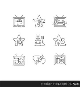 Television show linear icons set. Shopping series. Children cartoon. Car racing. Beauty makeover. Stand up. Customizable thin line symbols. Isolated vector outline illustrations. Editable stroke. Television show linear icons set