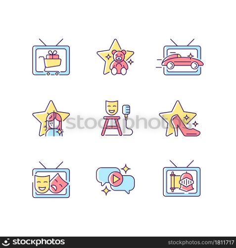 Television show RGB color icons set. Shopping series. Children cartoon. Car racing. Beauty makeover. Stand up. Isolated vector illustrations. Simple filled line drawings collection. Television show RGB color icons set