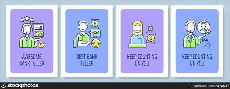 Teller appreciation week greeting card with color icon element set. Bank tellers. Postcard vector design. Decorative flyer with creative illustration. Notecard with congratulatory message. Teller appreciation week greeting card with color icon element set