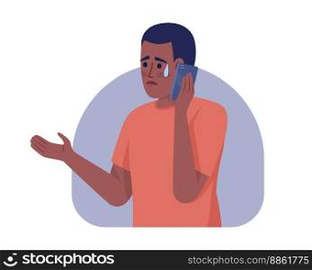 Telling bad news on phone 2D vector isolated illustration. Crying man with smartphone feeling anxiety flat character on cartoon background. Colorful editable scene for mobile, website, presentation. Telling bad news on phone 2D vector isolated illustration