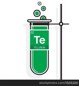 Tellurium symbol on label in a green test tube with holder. Element number 52 of the Periodic Table of the Elements - Chemistry
