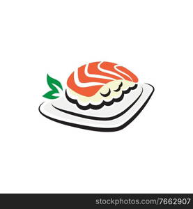 Temari sushi isolated food on plate. Vector rice ball topped by salmon, Japanese cuisine. Sushi temari with salmon on plate