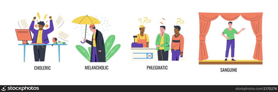 Temperament types. Infographic of persons with different moods. Angry choleric. Happy sanguine. Pensive phlegmatic. Sad melancholic. Human behavior classification. Vector mental individualities set. Temperament types. Infographic of persons with different moods. Angry choleric. Happy sanguine. Phlegmatic and melancholic. Human behavior classification. Vector mental individualities set