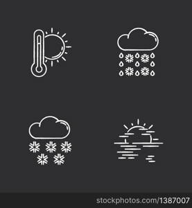 Temperature and precipitation forecast chalk white icons set on black background. Seasonal weather prediction. Summer heat, snow, winter sleet and haze. Isolated vector chalkboard illustrations. Temperature and precipitation forecast chalk white icons set on black background