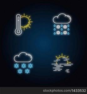 Temperature and precipitation forecast neon light icons set. Seasonal weather prediction signs with outer glowing effect. Summer heat, snow, sleet and haze. Vector isolated RGB color illustrations. Temperature and precipitation forecast neon light icons set