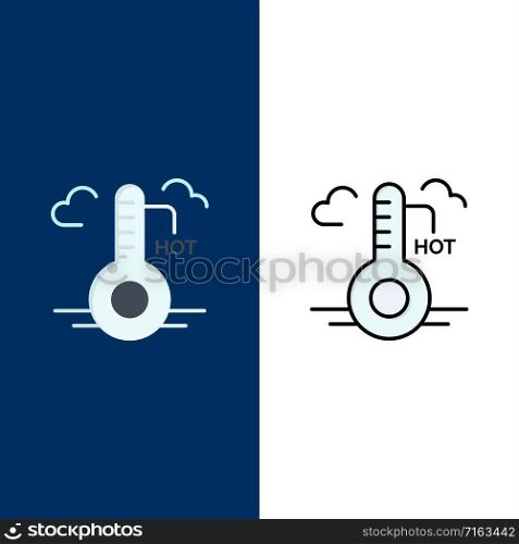 Temperature, Hot, Weather, Update Icons. Flat and Line Filled Icon Set Vector Blue Background