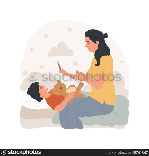 Temperature measurement isolated cartoon vector illustration. Mom measures kids fever, toddler lying in bed, woman holding thermometer, seasonal cold and flu, family health vector cartoon.. Temperature measurement isolated cartoon vector illustration.