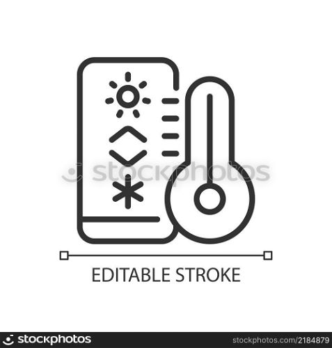 Temperature regulation pixel perfect linear icon. Thermostat for climate control. Internet of Things. Thin line illustration. Contour symbol. Vector outline drawing. Editable stroke. Arial font used. Temperature regulation pixel perfect linear icon