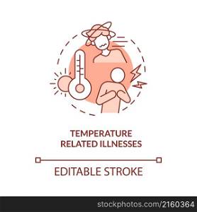 Temperature related illnesses red concept icon. Climate change and health abstract idea thin line illustration. Isolated outline drawing. Editable stroke. Roboto-Medium, Myriad Pro-Bold fonts used. Temperature related illnesses red concept icon