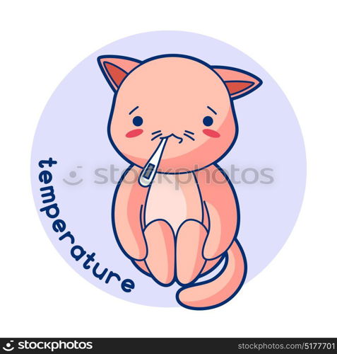 Temperature sick cute kitten. Illustration of kawaii cat. Temperature sick cute kitten. Illustration of kawaii cat.