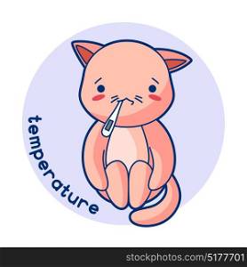 Temperature sick cute kitten. Illustration of kawaii cat. Temperature sick cute kitten. Illustration of kawaii cat.