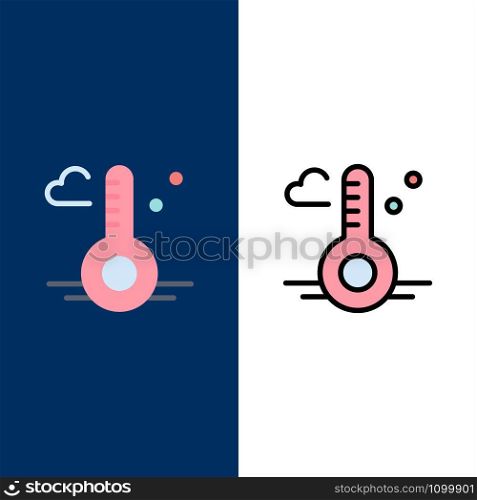 Temperature, Thermometer, Weather, Spring Icons. Flat and Line Filled Icon Set Vector Blue Background
