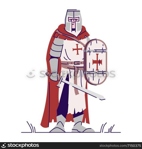 Templar knight flat vector illustration. Medieval fighter in armor isolated cartoon character with outline elements on white background. Middle ages crusader, swordsman. Fairytale warrior