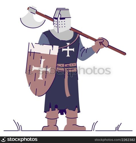Templar knight with battle axe semi flat RGB color vector illustration. Posing figure. Live action role playing game. Medieval period person isolated cartoon character on white background. Templar knight with battle axe semi flat RGB color vector illustration