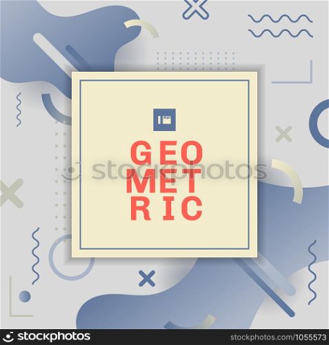 Template abstract square frame with geometric memphis design pattern and fluid blue color tone background. Vector illustration