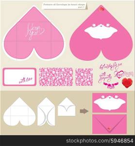 Template and scheme of envelope in heart shape. Pink background with Frame and calligraphic text I Love You. Elements for holiday, wedding, Valentine&rsquo;s day, invitation, etc. design