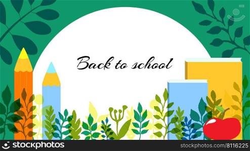 Template Back to school - frame or banner or screen, with two pencils, two, textbooks, an apple, and a place for text. Pattern of autumn leaves. Advertising sale of stationery for the school. EPS10 vector illustration