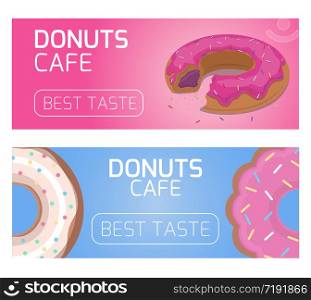 Template banner, flyer, gift certificate for cafe donuts. Flat donuts. Design element for your creativity. Template banner, flyer, gift certificate for cafe donuts. Flat d