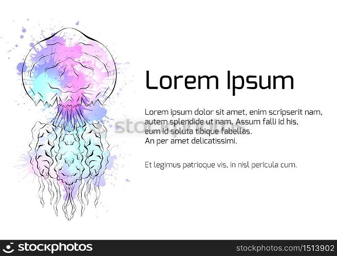 Template banner with Contour black and white illustration of jellyfish with watercolor splashes. Linear illustration for presentations, banners, articles, postcards and your design. Template banner with Contour black and white illustration of jellyfish with watercolor splashes.