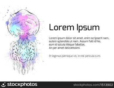 Template banner with Contour black and white illustration of jellyfish with watercolor splashes. Linear illustration for presentations, banners, articles, postcards and your design. Template banner with Contour black and white illustration of jellyfish with watercolor splashes.