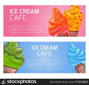 Template banners, flyers, gift certificates for ice cream cafes. Cartoon ice cream. Design element for your creativity. Template banners, flyers, gift certificates for ice cream cafes.