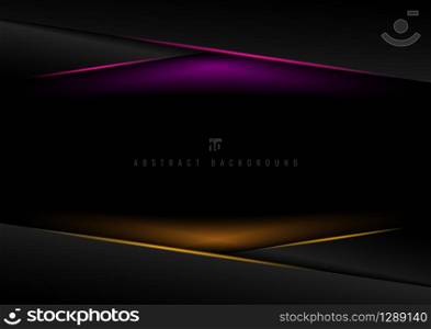 Template black geometric triangle overlapping layer header with pink, yellow lighting effect on dark background with space for your text. Technology futuristic concept. Vector illustration