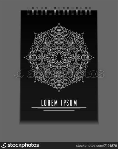 Template black notebook on springs with freehand mandala and place for text. Vector element for your design. Template black notebook on springs with freehand mandala and pla