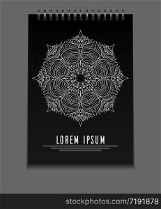 Template black notebook on springs with freehand mandala and place for text. Vector element for your design. Template black notebook on springs with freehand mandala and pla