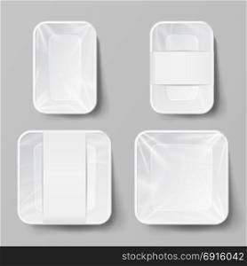 Template Blank White Plastic Food Container Set. Empty Blank Styrofoam Plastic Food Tray Container. White Empty Mock Up. Good For Package Design
