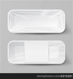 Template Blank White Plastic Food Container Set. Vector Mock Up Template Ready For Your Design.. Empty Blank Styrofoam Plastic Food Tray Container. White Empty Mock Up. Good For Package Design